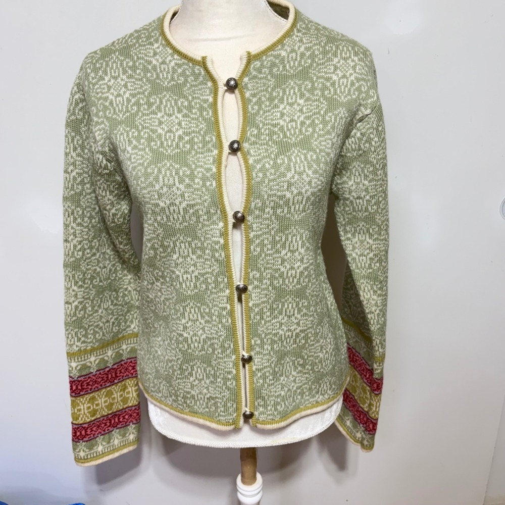 ICEWEAR Sage Green Nordic Fair Isle Wool Blend Cardigan Ornate Button Sweater